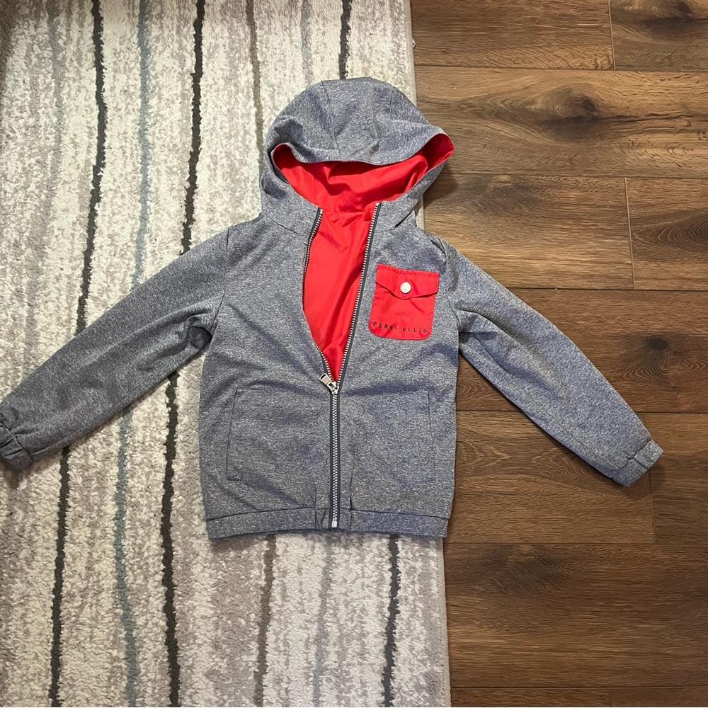 Perry Ellis reversible red and gray water resistant hoodie, size small